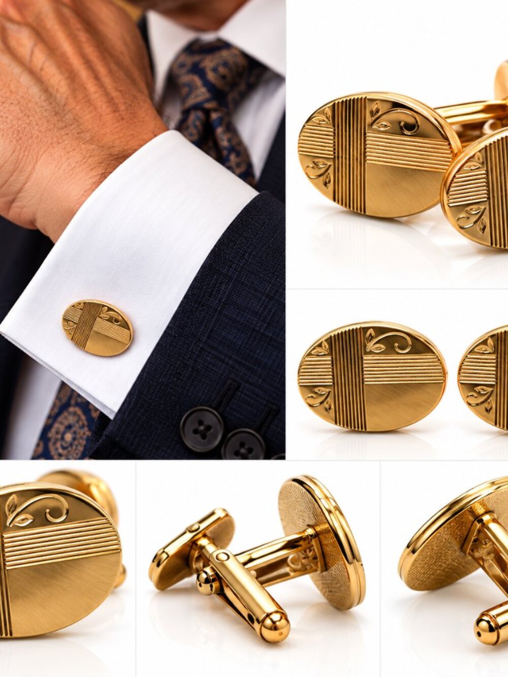 Vintage Gold-Tone Oval Cufflinks – Engraved Art Deco Style Men’s Formal Jewelry